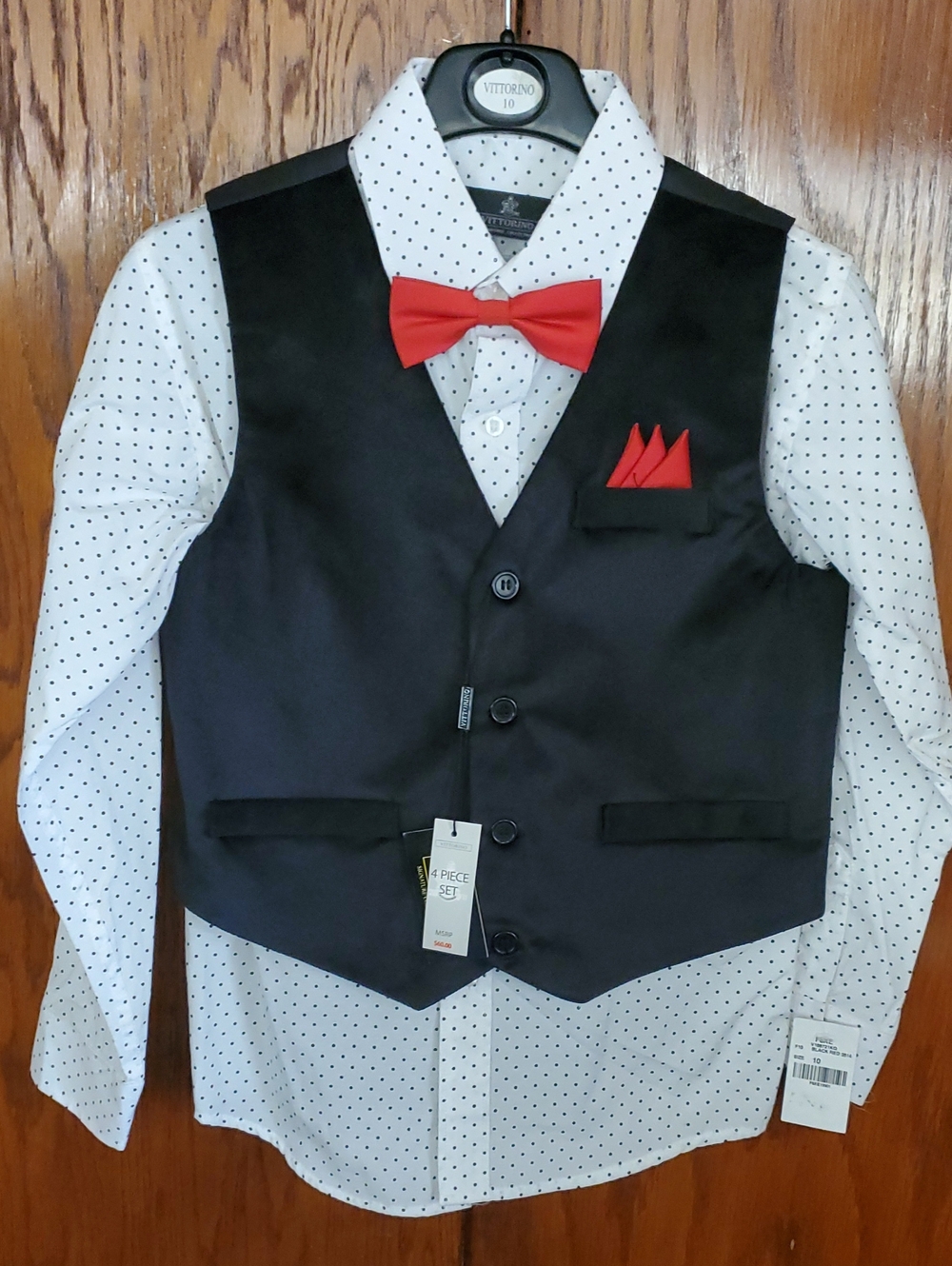 Vittorio Black Vest & White Polka Dot Shirt with Red Bow Tie